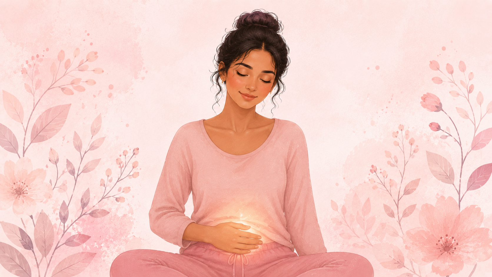 A young woman seated calmly with one hand resting gently on her lower abdomen, eyes softly closed, with a subtle warm glow under her hand on a soft rose floral background
