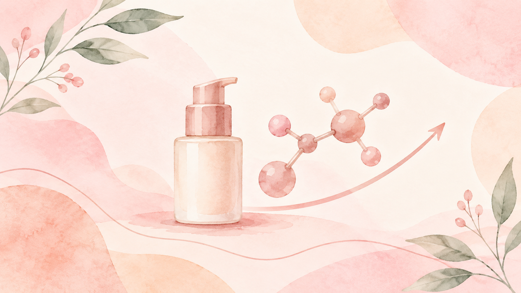 A soft watercolor illustration of a small pump bottle of cream beside a simple molecule shape and a gentle rising curve, with delicate botanical leaves in the corners, in a pastel pink, peach, and cream palette